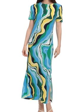Donna Morgan Maxi Blue Green Abstract Print Short Sleeve Dress Size 14